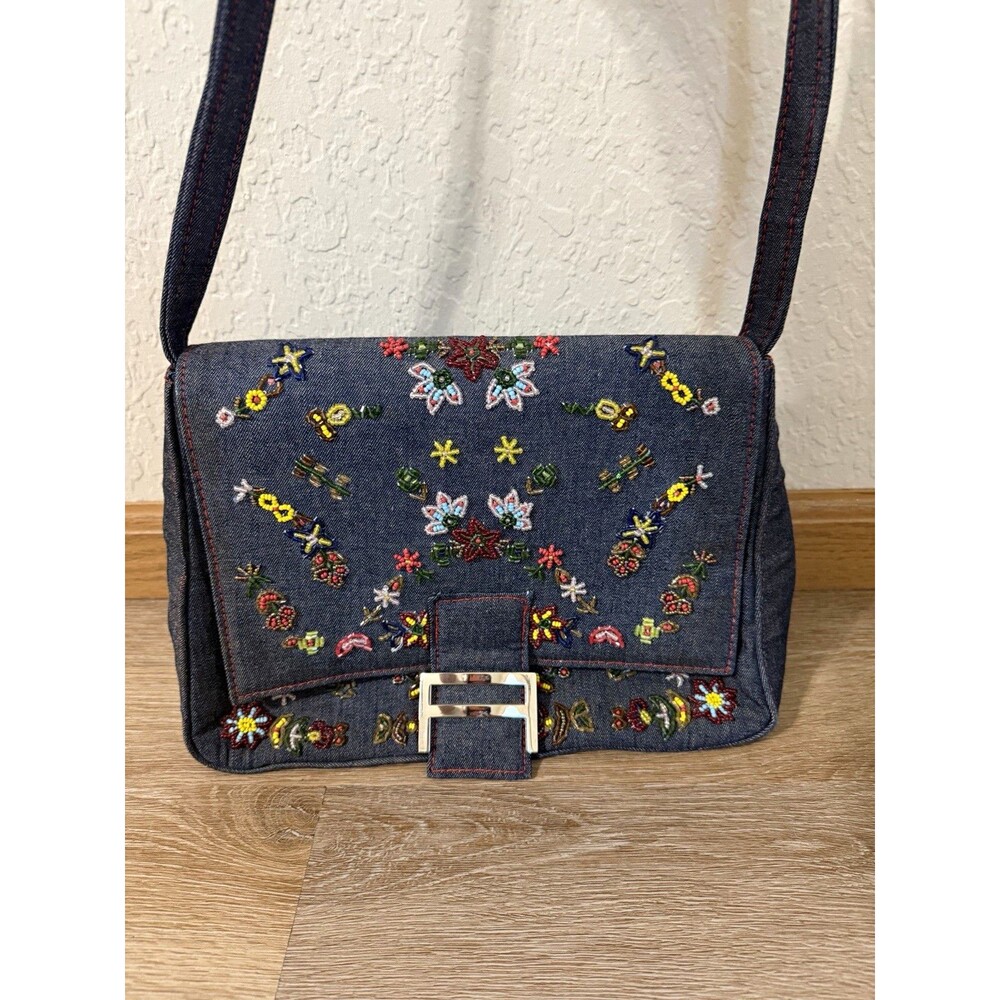Blue Floral Beaded Embroidered Crossbody Bag Silver  Buckle Closure Denim